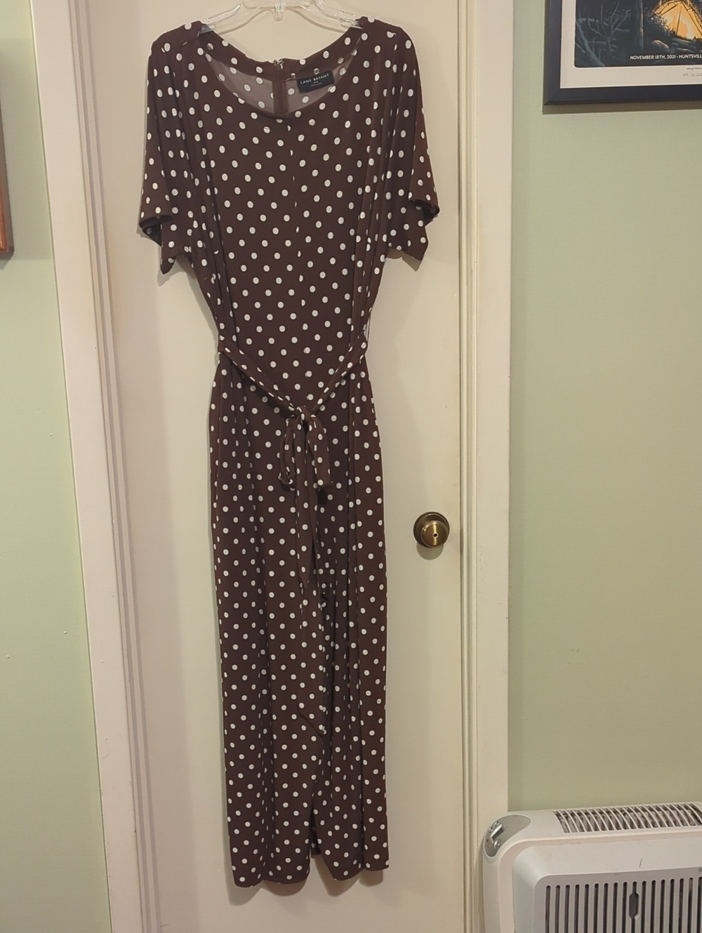 Lane Bryant Brown and White Polka Dot Tie-Waist Jumpsuit